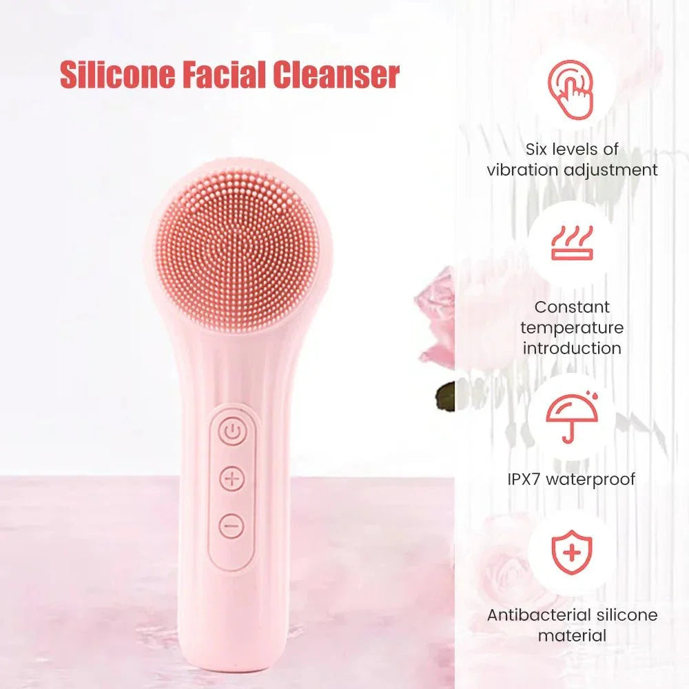 Sonic Cleansing Beauty Brush with soft silicone, heating massage, sonic vibration, waterproof design, and rechargeable battery for gentle facial cleansing and skin care