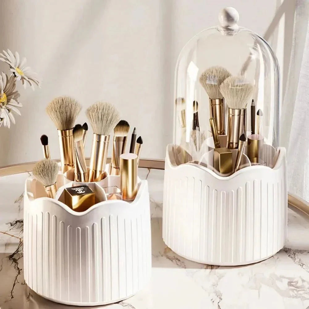 360° rotating makeup holder organizer with PET, ABS, and silicone materials for brushes and cosmetics storage
