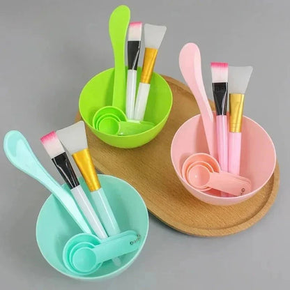 7-piece facial mask tool set with brushes, bowl, and spoon in pink, blue, and green for all skin types