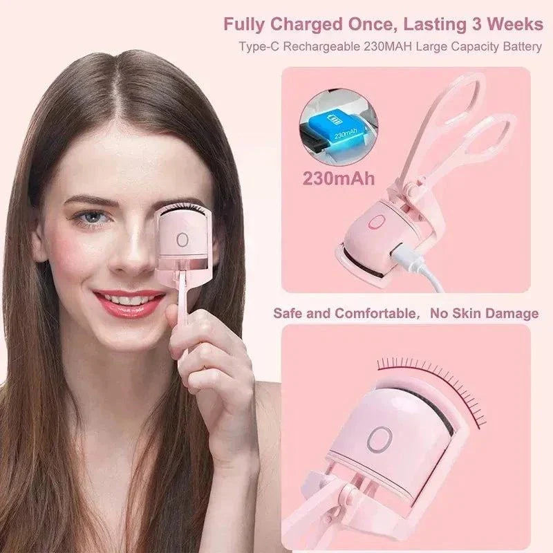 LuxCurls Electric Eyelash Curler with two settings, rechargeable, automatic temperature control, and safety guard.