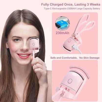 LuxCurls Electric Eyelash Curler with two settings, rechargeable, automatic temperature control, and safety guard.