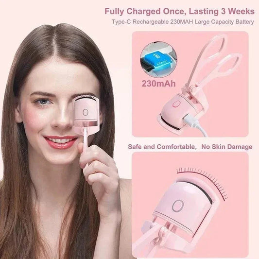 LuxCurls Electric Eyelash Curler with two settings, rechargeable, automatic temperature control, and safety guard.