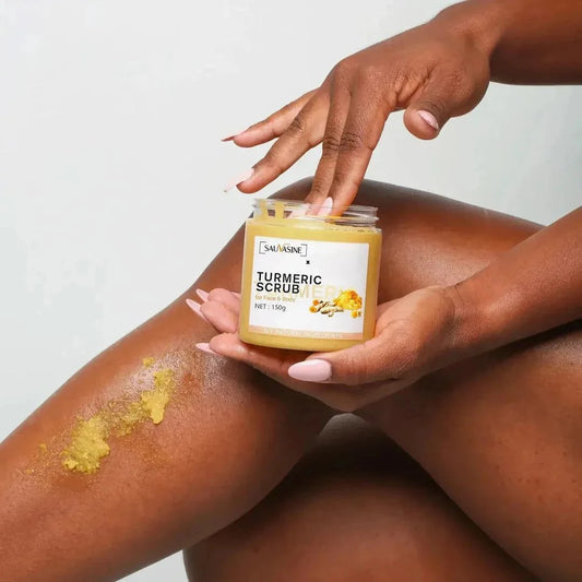 Glow Skin Turmeric Scrub jar with natural ingredients for exfoliating and moisturizing skin