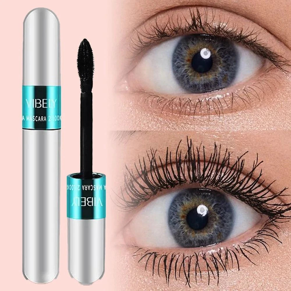 4D Silk Fiber Mascara tube with applicator highlighting thick, long lashes and waterproof formula